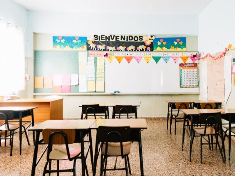 Empty classroom where indoor air quality is critical to learning.