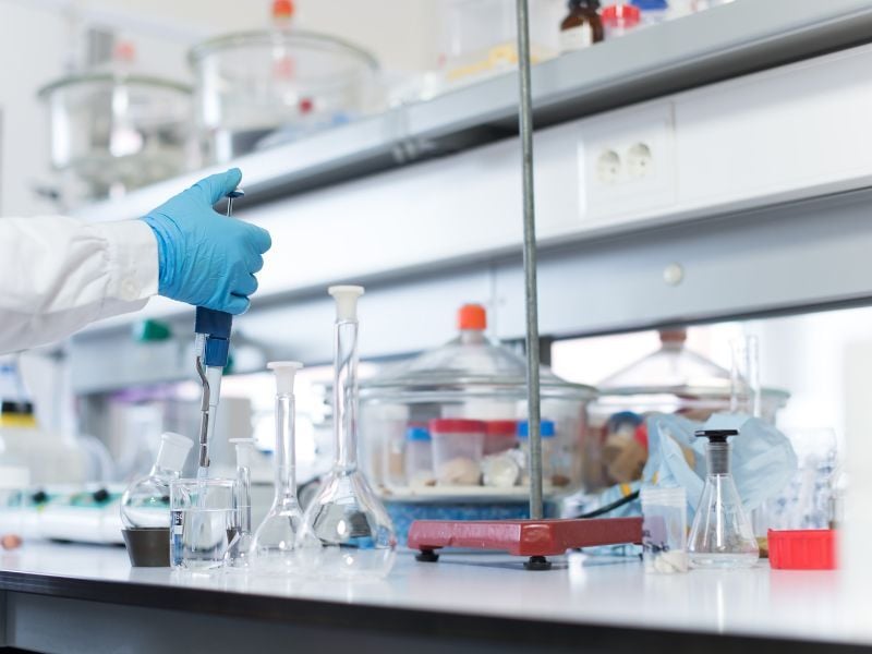 Laboratory in a hospital or university where cleaning air contaminants is critical.
