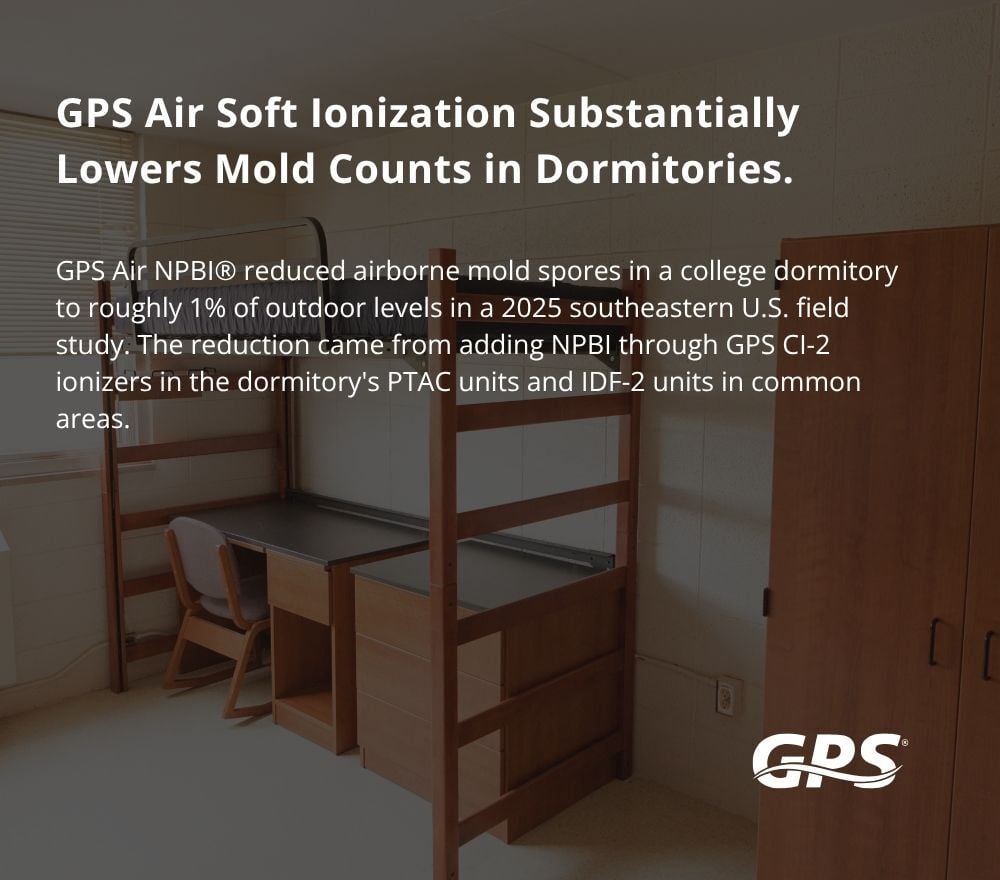 Thumbnail of case study showing significant reduction in mold levels in dorms that use NPBI for air quality.