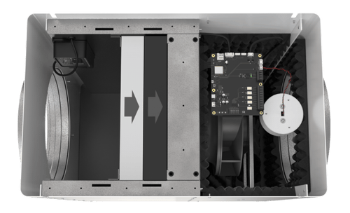 smartIAQ cross section showing intelligent air quality sensor and controller, filters, EC fan, and NPBI unit.