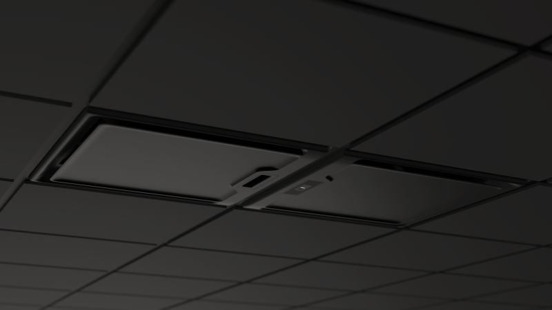 In ceiling view of smartIAQ GridSet drop-in ceiling intelligent air cleaning system for simple ASHRAE 62.1 compliance.