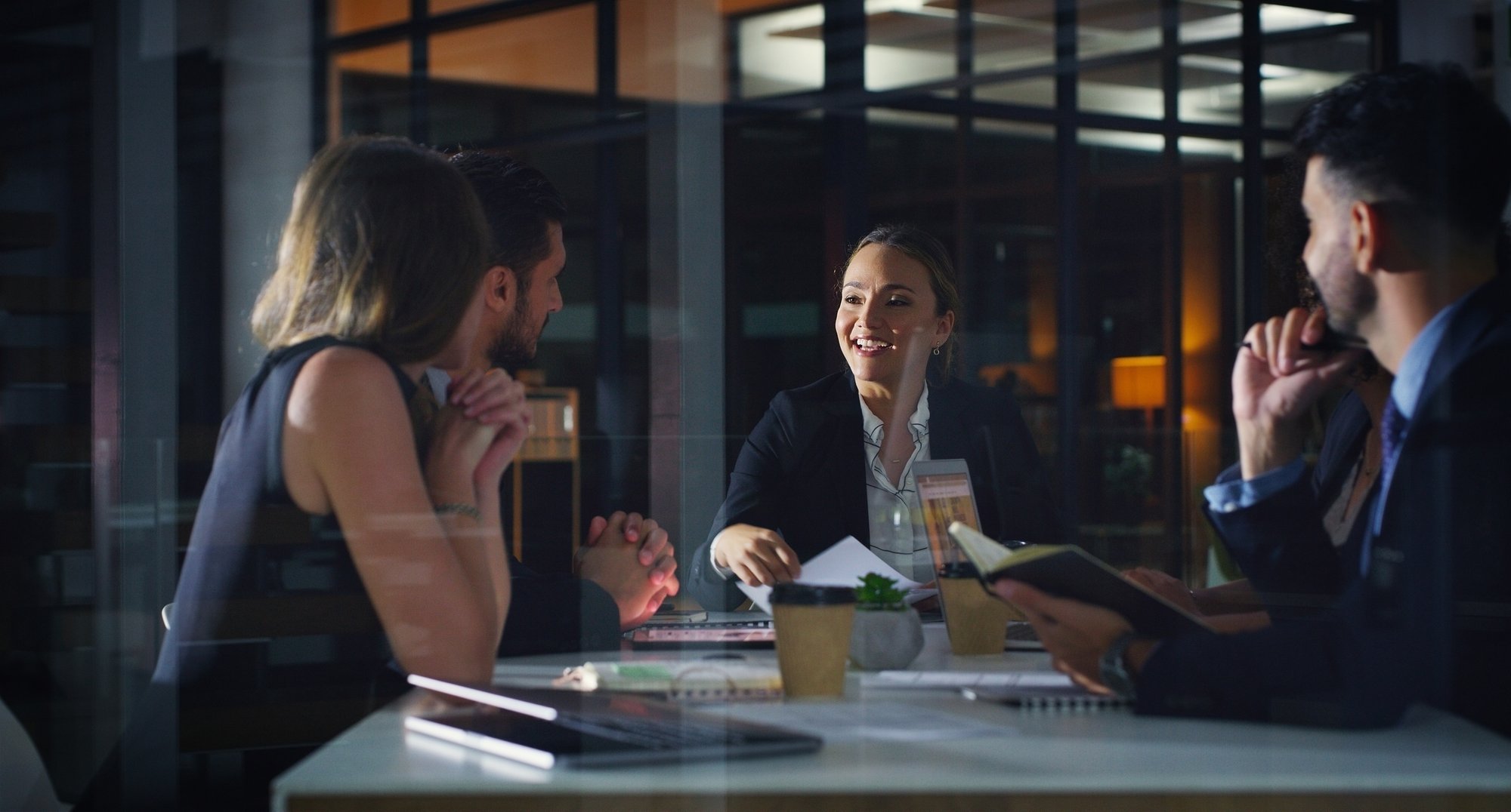 office space happy coworkers chatting